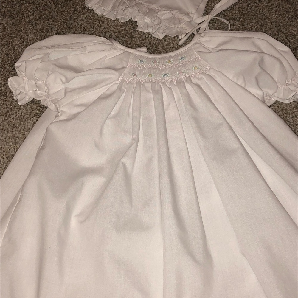Smocked newborn dress with bonnet